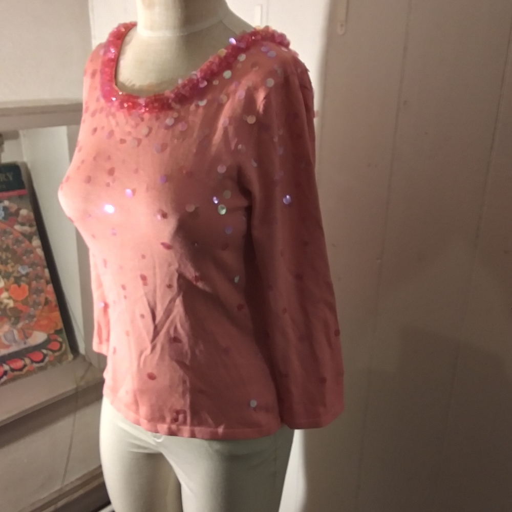 Talbots size small bubblegum pink beaded sequined silk blend sweater